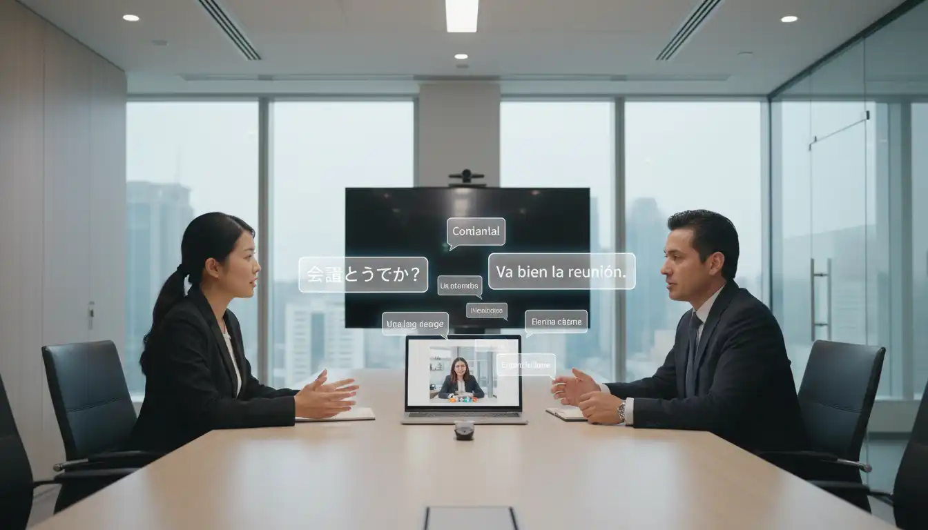Two people in a meeting with a laptop showing floating translation bubbles