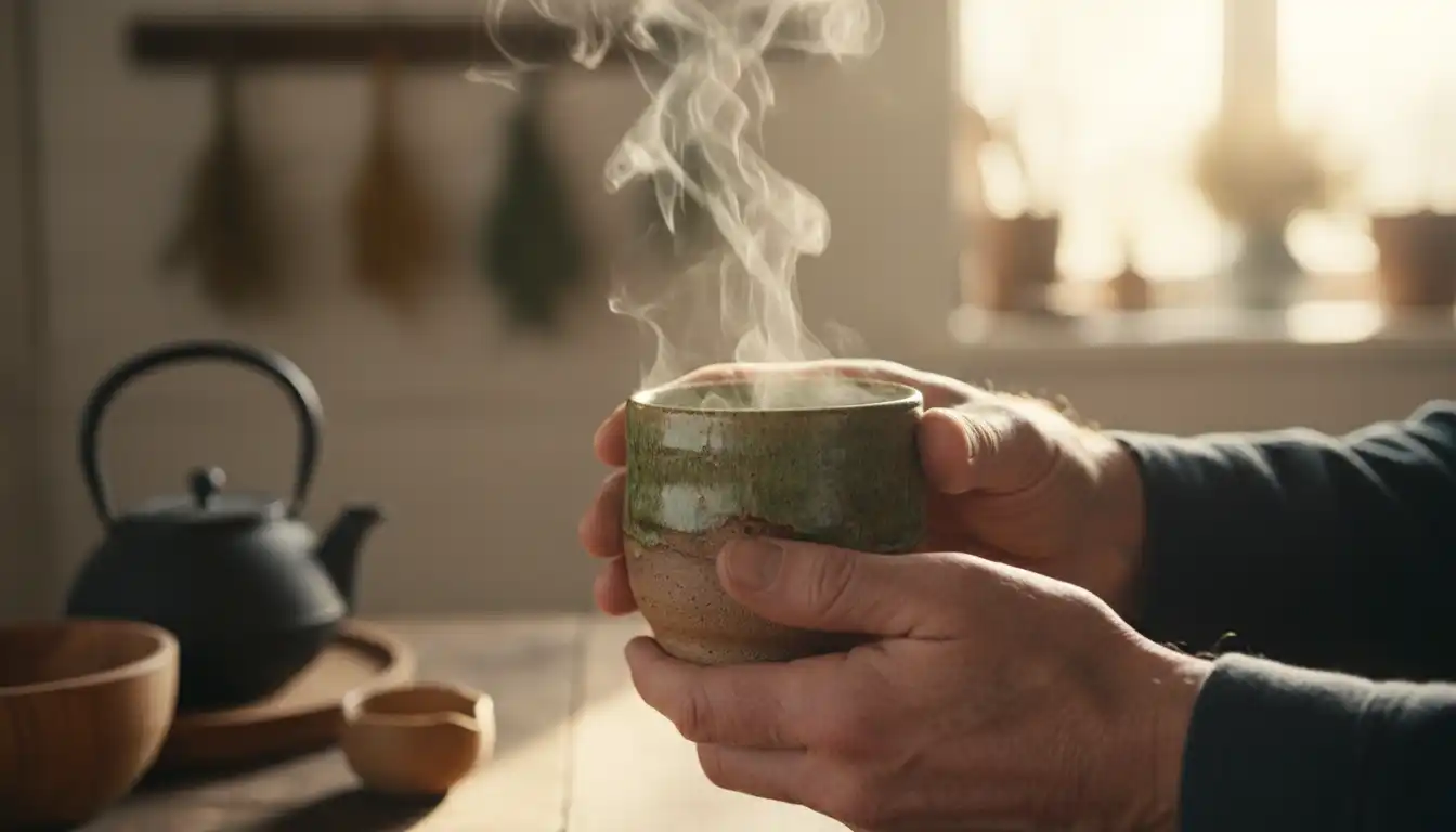 Hands holding a warm cup of herbal tea in a rustic kitchen