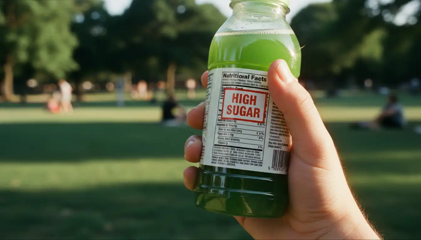 A bottle of bright green juice showing high sugar content on label