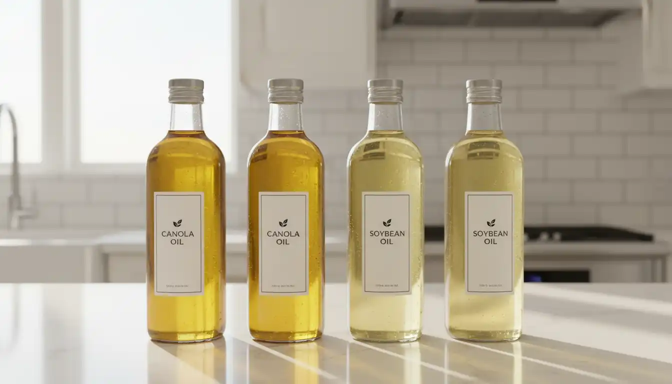 Bottles of clear vegetable oils like canola and soybean